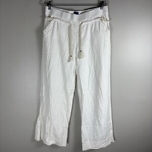 Democracy Women's‎ Large White Linen Blend Drawstring Wide Leg Raw Hem Pants